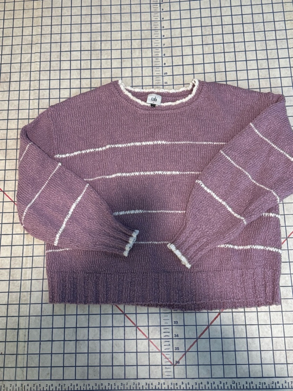 CAbi Mauve Crewneck Sweater with White Stripes